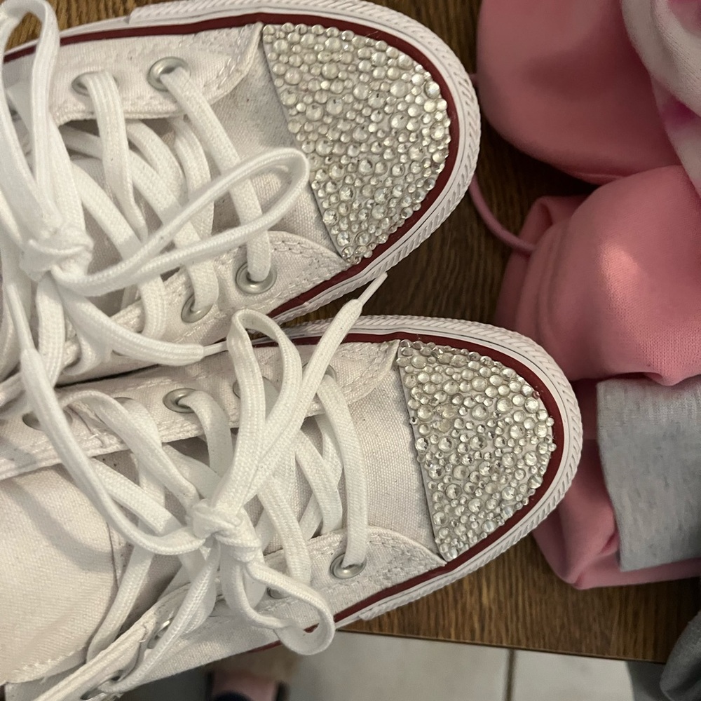Converse White Sneakers with Rhinestone Toe Cap and Red Trim